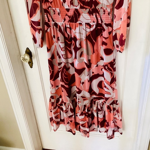 Tiered Midi Dress S Wine Burgund Multi print long sleeve boho peasant cottage - Picture 4 of 15